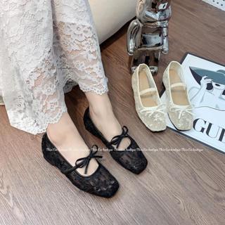 [Độn đế 5p] Giày búp bê nữ lưới ren thêu hoa dây thắt nơ giữa chun xinh thoáng khí mùa hè (BBR6)