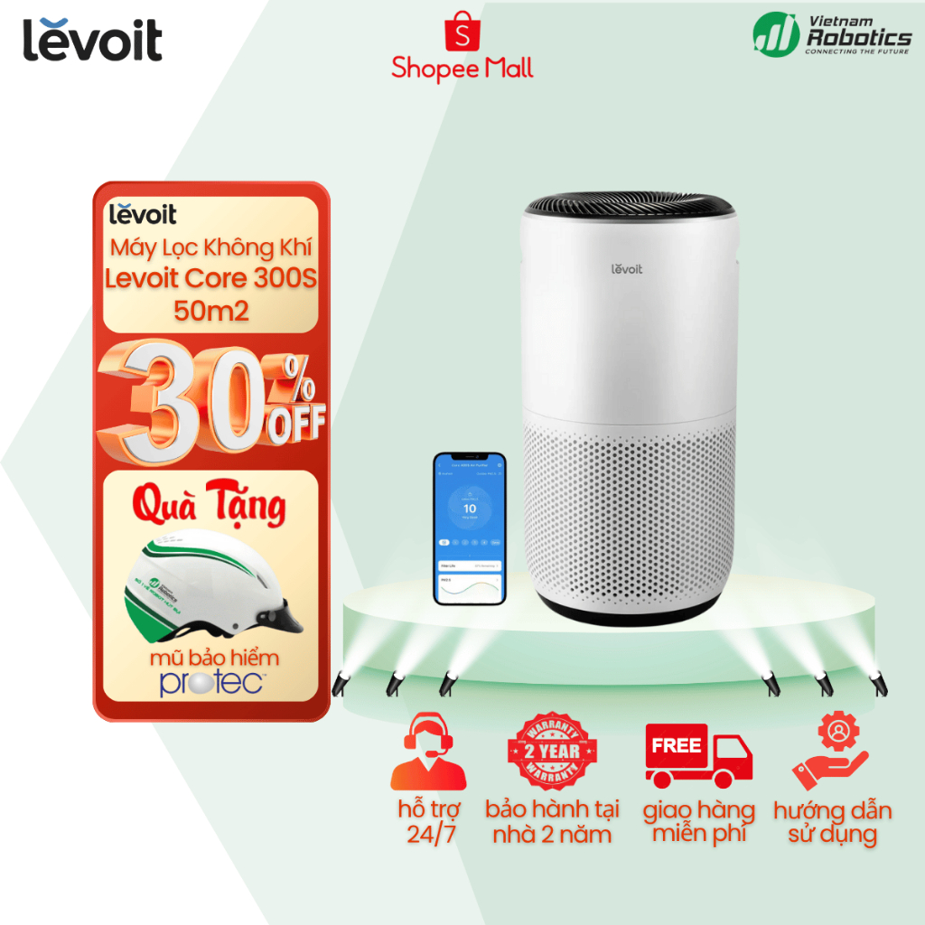 Máy lọc không khí  gia đình Levoit Core 300S 50m2 | Đèn cảm biến chất lượng không khí | Kết nối app
