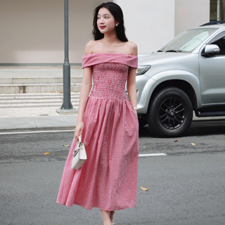 Váy/Đầm caro Kara trễ vai dáng dài @beatrix chất thô mềm phong cách Hàn Quốc