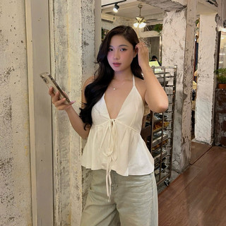  Áo Cổ Yếm Dây Xẻ Ngực Hở Lưng Có Mút Nữ Tính Chất Linen - Tei Top V2 