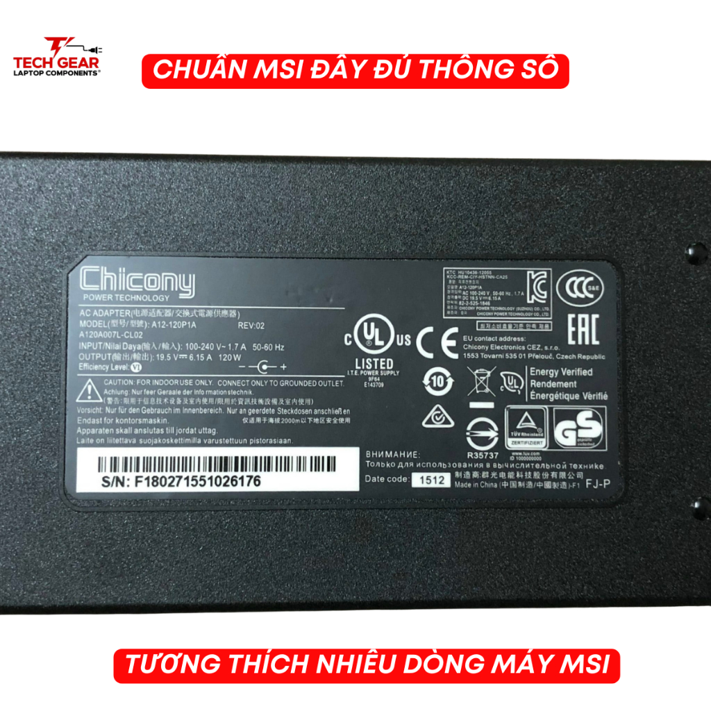 Sạc Laptop MSI Gaming, Sạc CHICONY, Sạc MSI BRAVO, MSI GF63, 19.5V 20V 6.15A/7.7A/9A/9.23A 120W 150W 180W, BH 12 Tháng | BigBuy360 - bigbuy360.vn