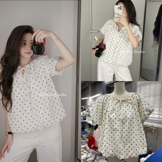 Áo Sơmi Chấm Bi Tay Bồng Cột Nơ Chất Linen Form Bí “KELLY TOP”siêu xinh-Dành Cho Nữ