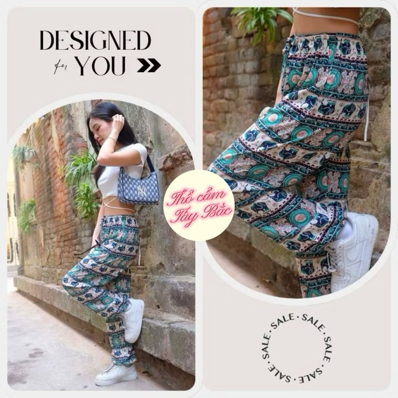 Quần lanh thổ cẩm bo gấu dáng alibaba (Bigsize 40-70kg - ĐƯỢC CHỌN MẪU)