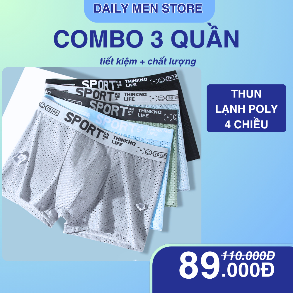Combo 3 Quần Lót Nam Boxer Thun Lạnh Co Giãn 4 Chiều Mặc Cực Mát – Màu Đen, Xám Nhạt, Xám Đậm | Dail