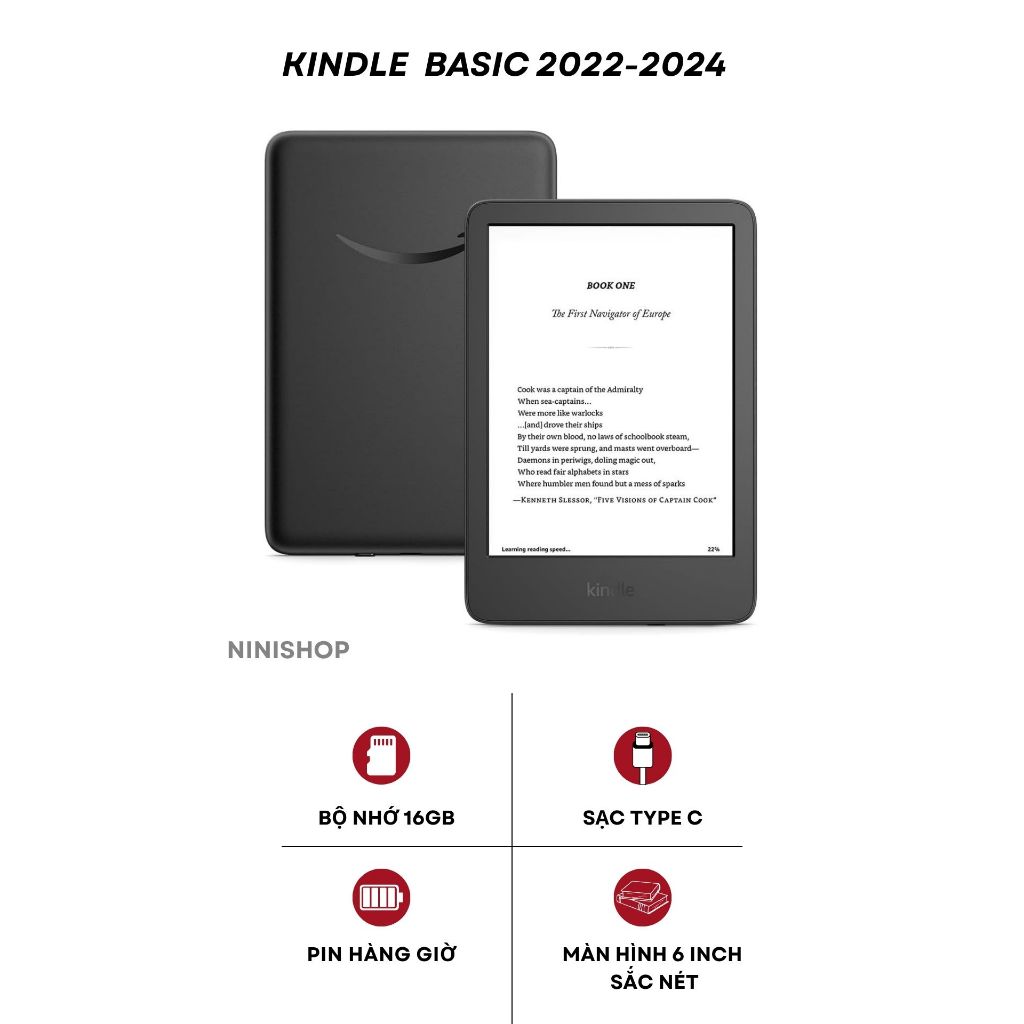 Máy đọc sách Kindle Basic 2022-2024 TẶNG KÈM BAO DA