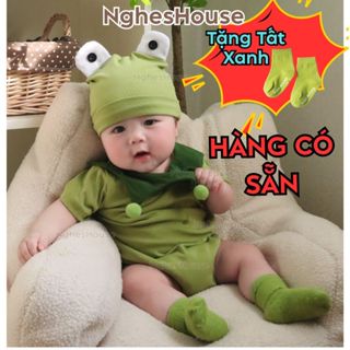 (TẶNG TẤT) Body Suit Ếch Xanh Cover Kèm Mũ Chất Thun Dành Cho Bé Trai Bé Gái Tặng Tất