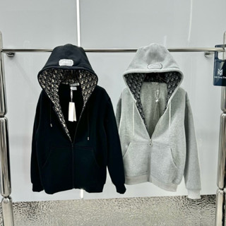  Áo khoác hoodie zip nam nữ nỉ bông thêu logo mũ 2 lớp lót vải dệt vân chữ thổ cẩm monogram HZ43P 