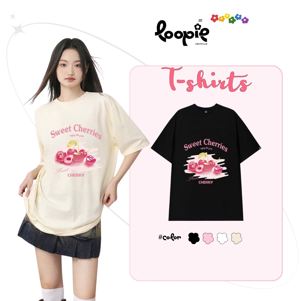 Áo Thun In Hình Cherry Unisex Dễ Thương Loopie – LP02 Form Oversize Dành Cho Nam Nữ