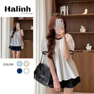 [Set/LẺ] Áo cộc tay nữ phối viền cổ tay bồng Kèm Quần Short thô mềm dáng rộng basic by Halinh M306