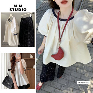 Set Áo cộc tay nữ phối viền cổ M.M STUDIO-  Áo sơ mi tay bồng Kèm Quần Short thô mềm dáng rộng basic  M306