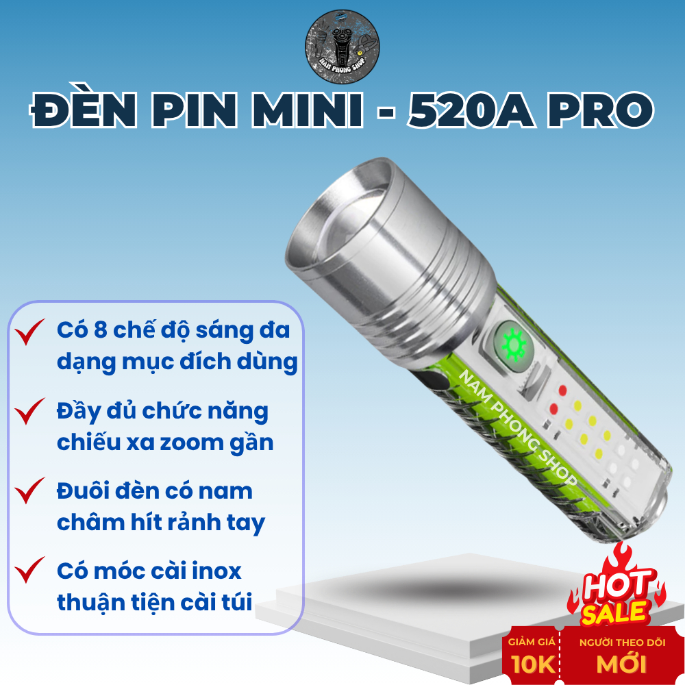 Đèn Pin Móc Khóa Mini 520 Pro Đèn Soi Tiền Đèn Đa Năng Chiếu Gần Zoom Xa Có Nam Châm Đuôi 8 Chế Độ S