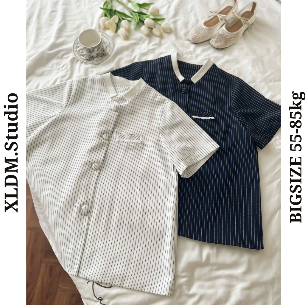 Áo sơ mi BIGSIZE nữ họa tiết kẻ sọc, áo nữ công sở phối cổ trắng thiết kế XLDM Studio (Mita T-shirt)