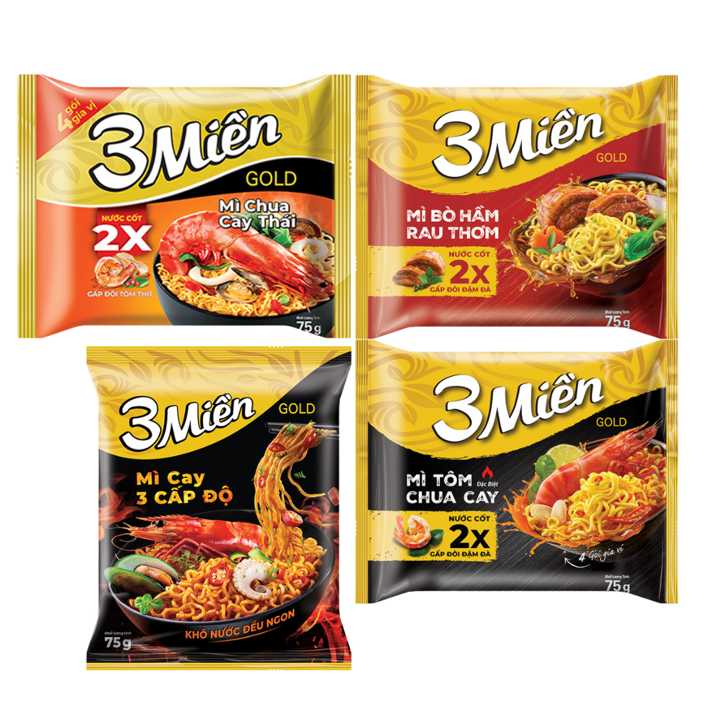 Combo 5 gói mì 3 Miền Gold bò hầm rau thơm/chua cay đặc biệt/chua cay Thái/chua cay 3 cấp độ gói 75g