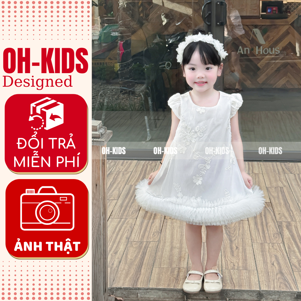 Váy công chúa bé gái trắng thêu hoa tay cánh tiên, đầm dự tiệc sinh nhật- OH KIDS OH03