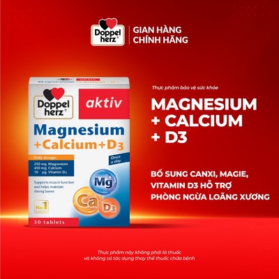 Viên uống bổ sung Canxi phòng ngừa loãng xương Doppelherz Magnesium + Calcium + D3 (Hộp 30 viên)