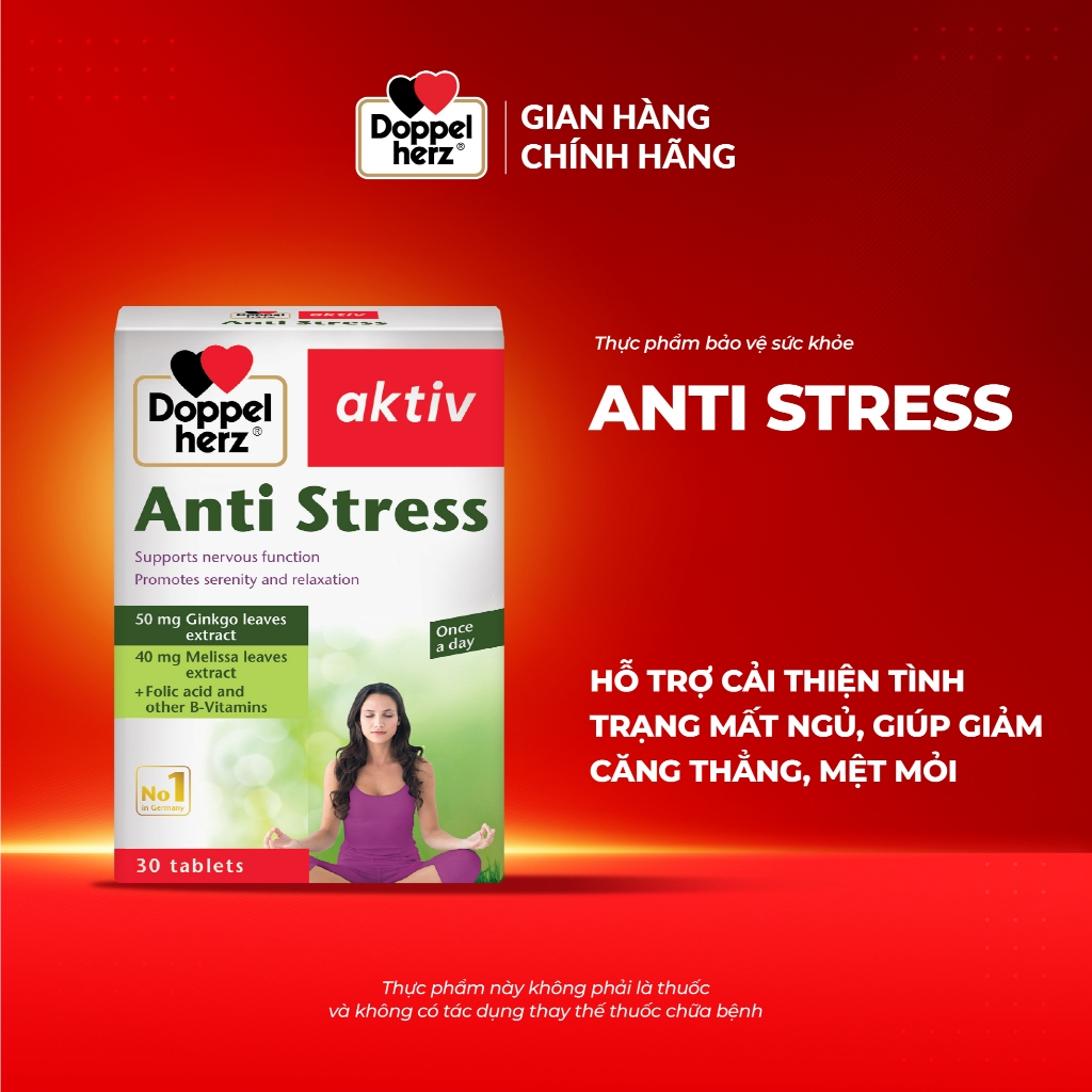 Viên uống giảm stress Doppelherz Anti Stress hỗ trợ ngủ ngon, giảm căng thẳng, mệt mỏi (Hộp 30 viên)