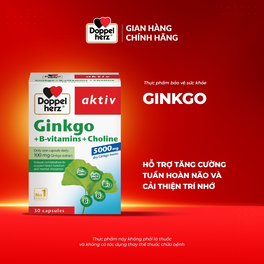 Viên uống bổ não Doppelherz Ginkgo hỗ trợ tăng cường tuần hoàn não và cải thiện trí nhớ (Hộp 30 viên) | BigBuy360 - bigbuy360.vn