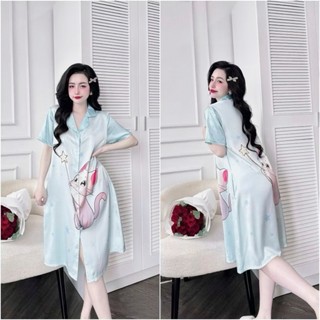 Sơ Mi Đầm Ngủ Sơ Mi Dài Tay LALAVA  chất liệu lụa satin LALAVASM16