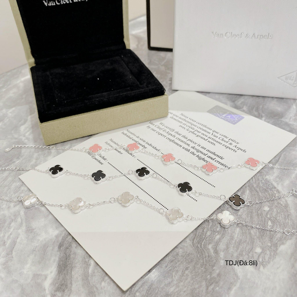 Lắc tay 4 lá 5 hoa chuẩn bạc ta về các mầu đá 8mm