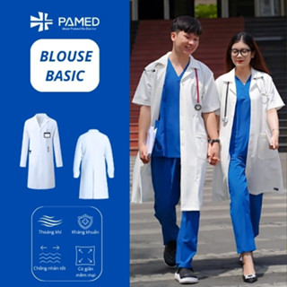 Áo Blouse Nam/Nữ Mã M2 in logo/thêu tên(mất phí), vải Cotton co giãn cao cấp(áo blue bác sĩ,dược sĩ)