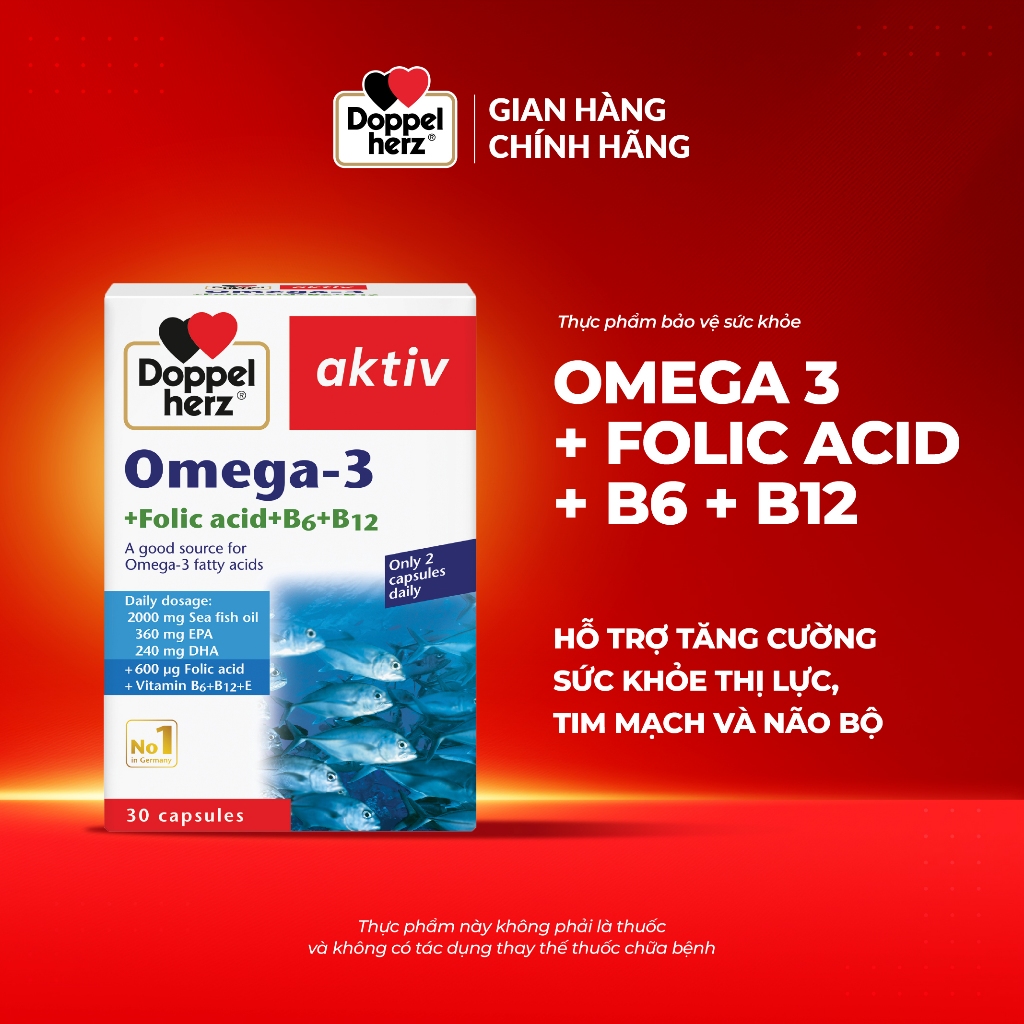 Viên dầu cá Doppelherz Omega 3 + Folic acid + B6 + B12 hỗ trợ tăng cường thị lực, tim mạch và não bộ (Hộp 30 viên)