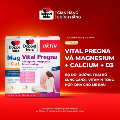 Bộ đôi dưỡng thai bổ sung canxi, Vitamin tổng hợp, DHA cho mẹ bầu Doppelherz Vital Pregna + Mg Canxi D3 (02 hộp 30 viên)