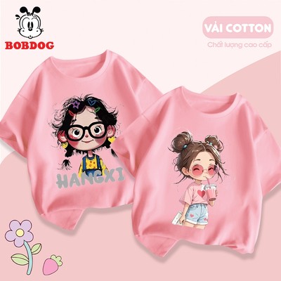 Áo cộc tay mùa hè bé gái BOBDOG chất liệu cotton in hình cô gái tóc xù dễ thương cho bé