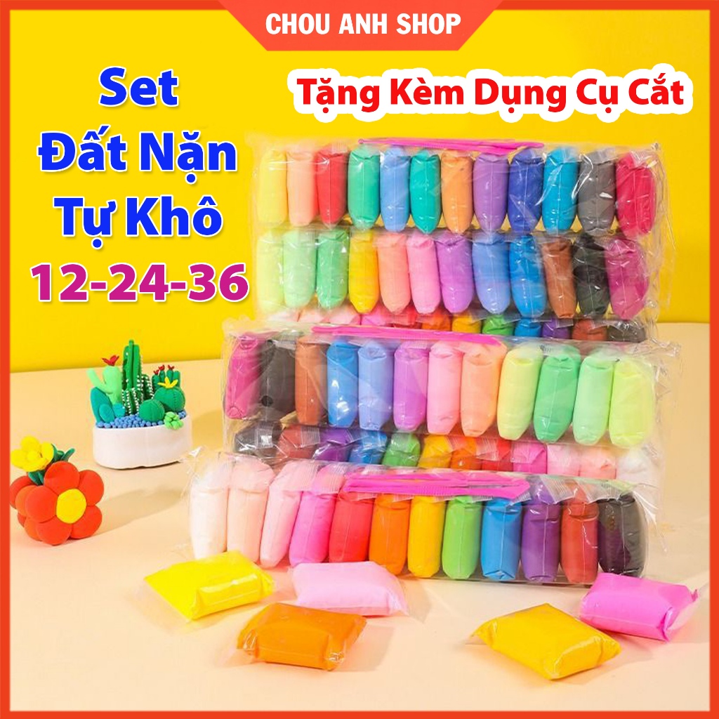 Đất Sét, Đất Nặn Tự Khô Set 12-24-36 Màu, Siêu Nhẹ, Không Dính Tay, An Toàn, Tự Khô, Kèm Dụng Cụ