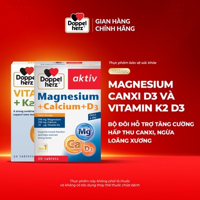 Bộ đôi bổ sung Canxi tối ưu, ngừa loãng xương  Doppelherz Magnesium Canxi D3 và Vitamin K2 D3 (02 Hộp 30 viên)