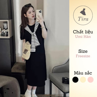 Váy bầu suông bigsize TIRA MAMA V1345 đen phối khăn kẻ dáng dài xinh xắn cho các nàng đi chơi