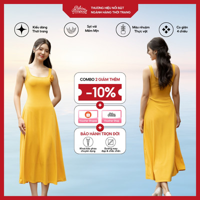 Đầm dài nữ BIKINIPASSPORT kiểu cổ vuông đính hoa thun gân dẻo - màu Vàng - BPC008_YL