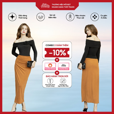 Chân váy dài nữ BIKINIPASSPORT kiểu ôm nhún bụng thun gân dẻo - màu Nâu - BPC007_BR