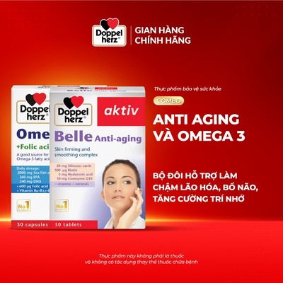 Bộ đôi chống lão hóa, bổ não, tăng cường trí nhớ Doppelherz Belle Anti Aging + Doppelherz Omega 3 (02 hộp 30 viên)