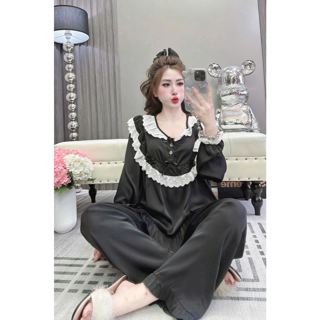 Đồ Bộ Nữ Pijama Bộ Lụa latin cổ tròn ren nơ hàng cao cấp