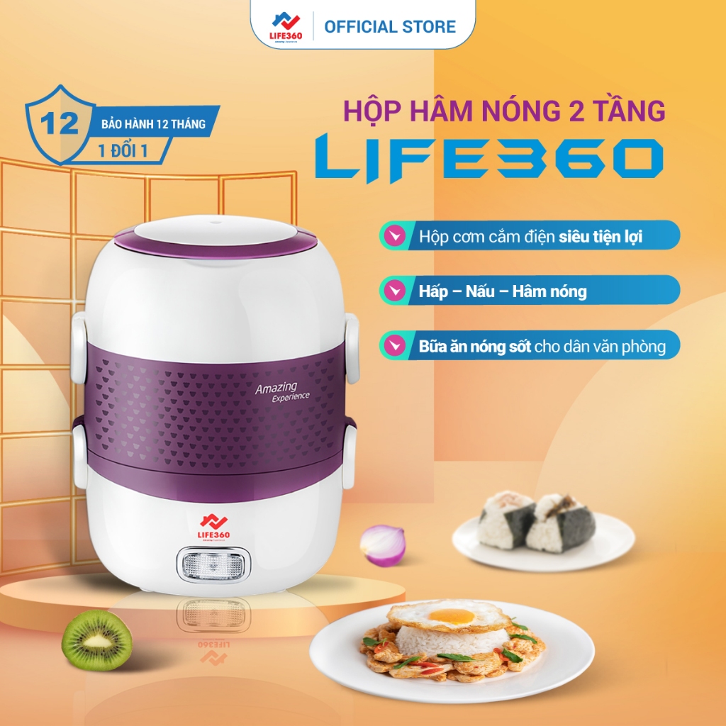 Hộp cơm điện văn phòng 2 tầng Life360 - 3 khay đựng thức ăn, inox304, hấp/ đun sôi/ hâm nóng
