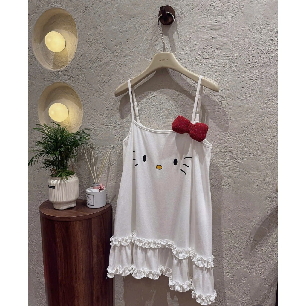 Đầm Ngủ Dễ Thương Hình Mèo Kitty - Váy Ngủ Dáng Suông 2 Dây Chất Cotton Mềm Mịn, Mát Mẻc