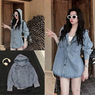 Áo sơ mi bò dáng dài có mũ, áo dài tay chất jeans nữ form rộng phối túi màu xanh mã SM02