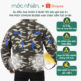  Áo Điều Hòa 2 QUẠT 12V -  SIÊU GIÓ ko chổi than HUSU loại A+ Pin 50.000 mAh quạt tới 15-16 giờ - vải cotton thấm mồ hôi 