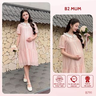 Váy bầu Thiết kế - Chất tơ in nơ cổ ren, có chun điều chỉnh và có khóa lưng.Váy nhẹ nhàng cho meh bầu và sau V1315 B2MUM