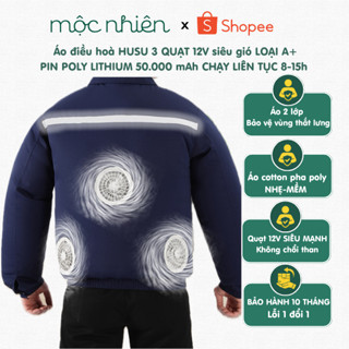  Áo Điều Hòa 3 QUẠT 12V  SIÊU GIÓ ko chổi than HUSU Pin 50.000 mAh quạt tới 8-16 giờ - vải cotton thấm mồ hôi 