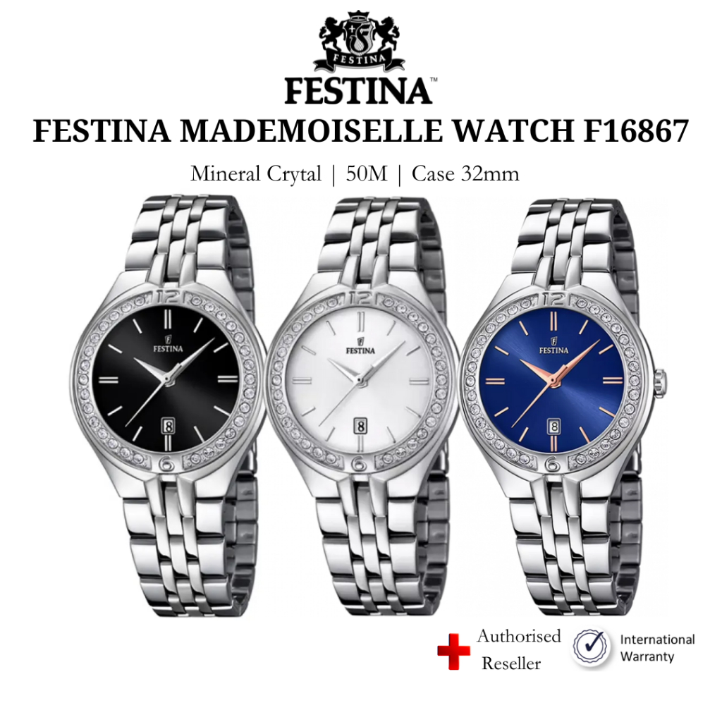 Đồng hồ nữ Festina F16867 kính cứng chống xước, chịu nước 5ATM, dây thép đeo tay sang trọng