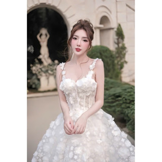 Váy Ngắn Cô Dâu Đi Bàn, Đi Tiệc 2 Dây Dáng Trên Gối Phối Hoa Cao Cấp đầm xoè trắng thời trang BECHIC