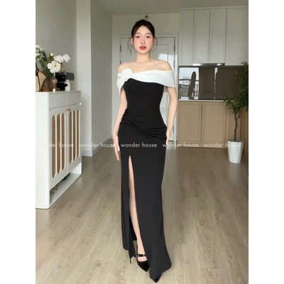 Lila Dress Wonderhouse Đầm thiết kế trễ vai dáng dài xẻ tà chất vải dày vừa phải dự tiệc sang trọng