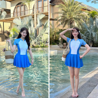 Đồ bơi, bộ bơi nữ, bikini đi biển liền thân tay ngắn form váy kín đáo BIKINI PASSPORT - Xanh Trắng - BS1029_WH