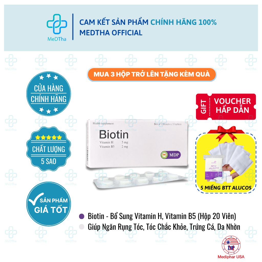 Biotin - Bổ Sung Vitamin H, Vitamin B5,  Hỗ Trợ Giảm Rụng Tóc, Gãy Móng (Hộp 20 Viên)
