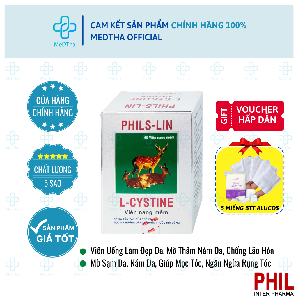 L-Cystine Phils Lin - Viên Uống Đẹp Da, Dưỡng Da, Nám Tàn Nhang, Chống Lão Hoá, Rụng Tóc (Hộp 60 Viên)