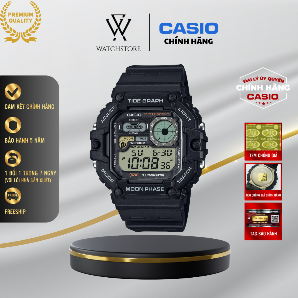 Đồng Hồ Nam Casio WS-1700H-1AVDF Năng Động Mặt Đen Kính Nhựa 48.6mm Dây Nhựa Đen Kháng Nước Chính Hã