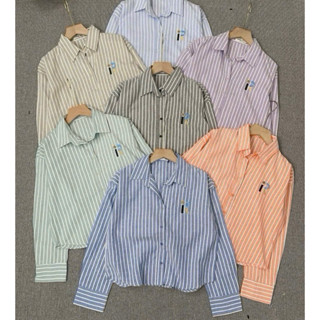  Áo Croptop Tay Dài Nữ Kẻ Sọc Nhí Pastel Dễ Thương Sơ Mi Croptop Dài Tay Form Vừa Vặn 