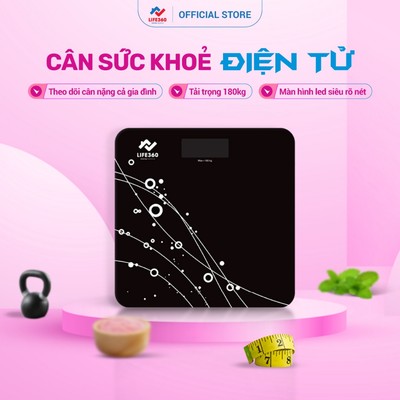 Cân Điện Tử Sức Khỏe Life360 AR-S18D - Cân Sức Khỏe Màu Đen Sang Trọng, Cảm Biến Siêu Nhạy, Tải Trọng 180kg, Chính Hãng