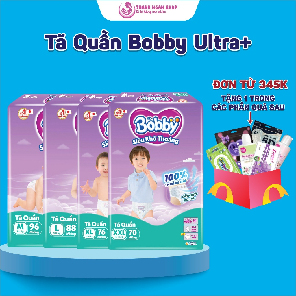 Tã Quần Bobby Ultra Gói Lớn Tiết Kiệm Đủ Size S46+4 M96 L88 XL74 XXL68 XXXL29+4 Từ 6 Kg Đến 27 Kg- T